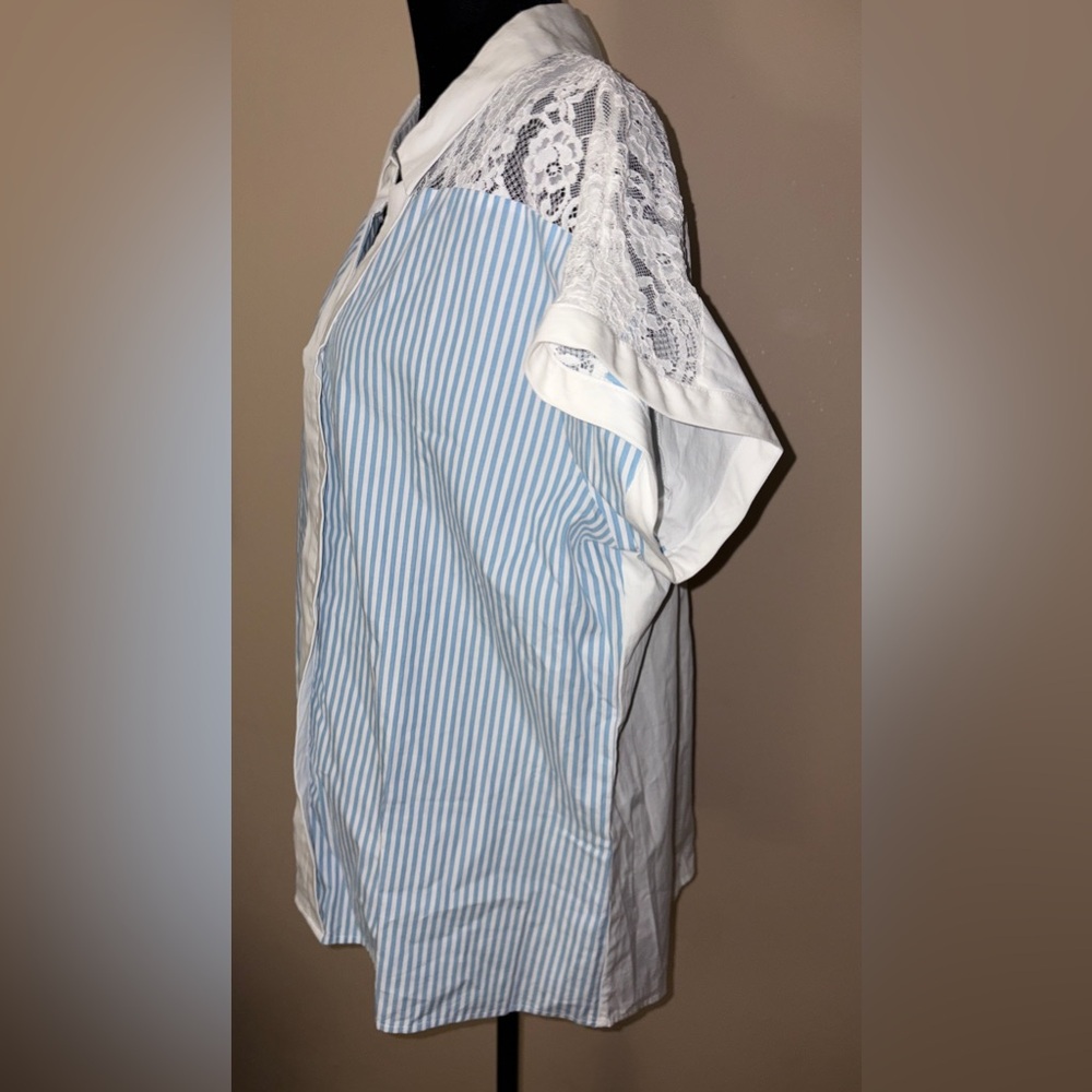 Karl Lagerfeld NWT Blue and White Striped Shirt with Lace Detail at Collar - Picture 5 of 7
